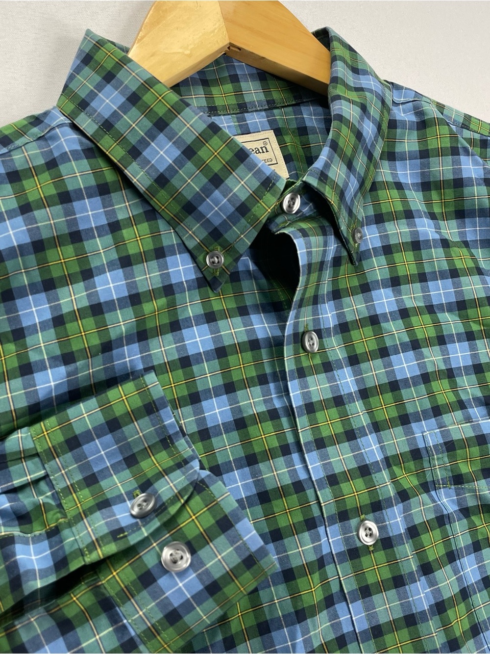 L.L. Bean Mens Wrinkle Free Kennebunk Sport Shirt Traditional Fit Green Plaid, L